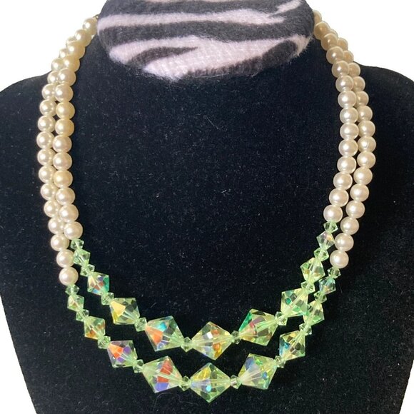 Jewelry - vintage two strand faceted AB glass beads choker necklace